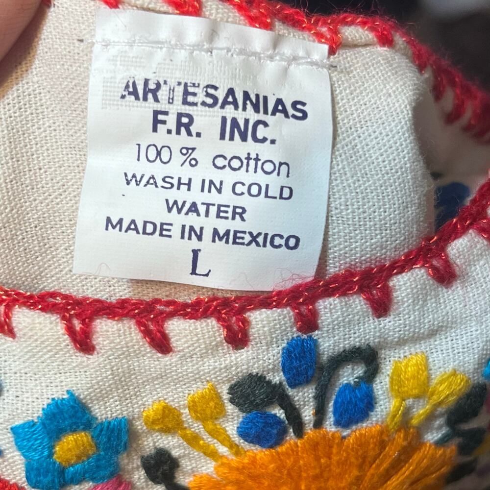 Vtg Artesanias FR Mexican Huipil Hand Embroidered Folk Art Tunic L Boho Festival - Picture 8 of 9